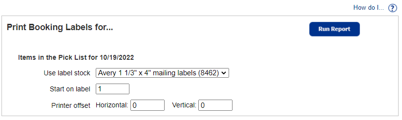 Print Booking Labels page.